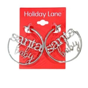 Holiday Lane Hoop Earrings Santa Baby Silver Tone Faux Rhinestone Christmas NWT